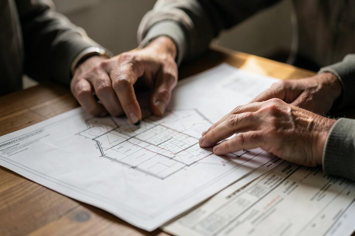 Hands reviewing a property plat map and title documents on a desk